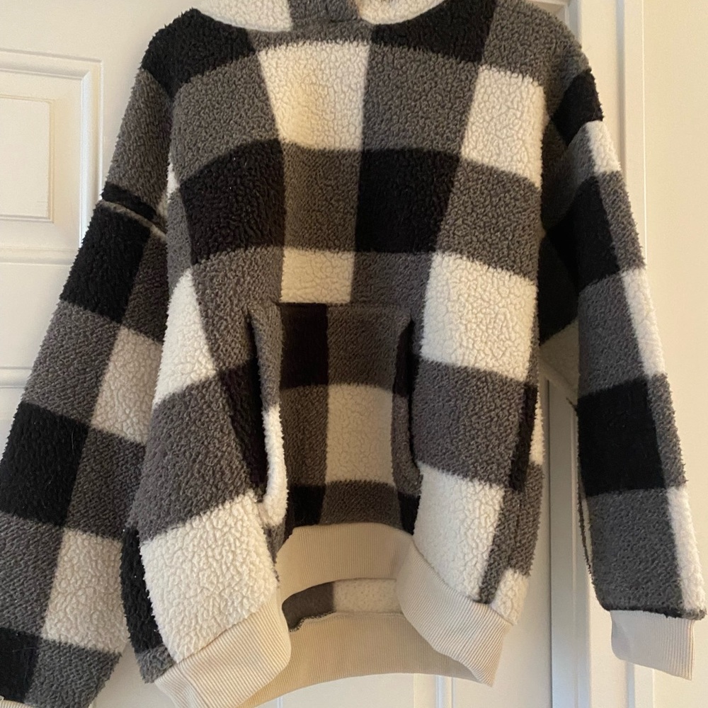 American Eagle hooded fleece - black and white/ivory gingham print